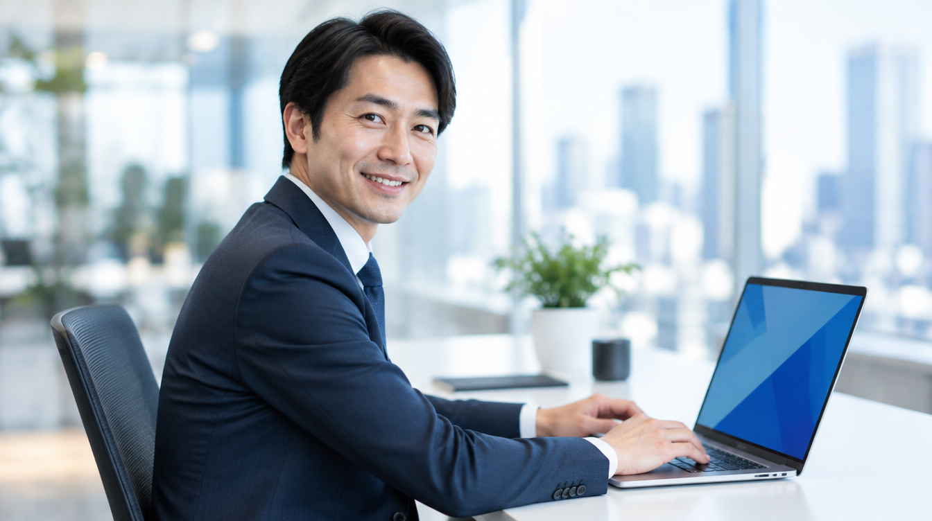 ノートパソコンでAIを活用しながら働くビジネスパーソン
